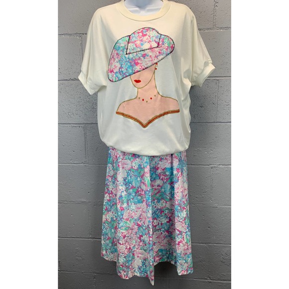 80s 2 piece Pastel Floral Skirt Statement Piece Appliqué New Wave Barbiecore B1 - Picture 6 of 10
